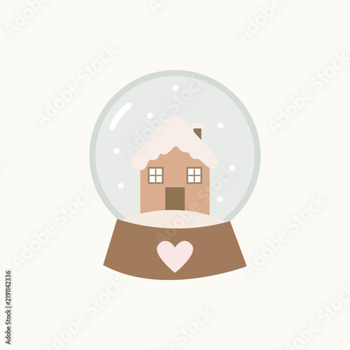 Flat design of a magic snowglobe with a cozy little house inside and a heart on the stand. Minimalist winter holiday souvenir isolated on light background.