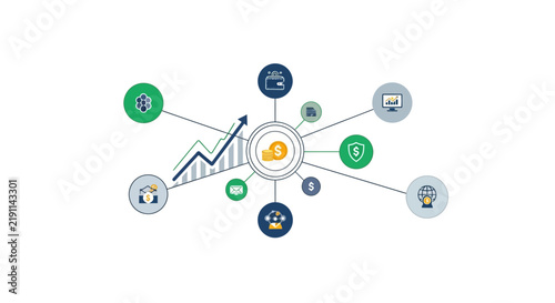 Cryptocurrency network connection infographic with growth chart and digital currency icons; blockchain technology concept illustration featuring Bitcoin, exchange