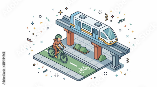 Isometric Urban Eco Friendly City Transportation Green Commute Bicycle Train