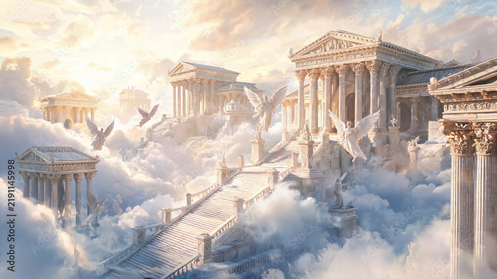 Fototapeta premium Majestic ancient Greek-style temples and angels float above clouds, bathed in soft golden light, forming a divine ethereal scene.