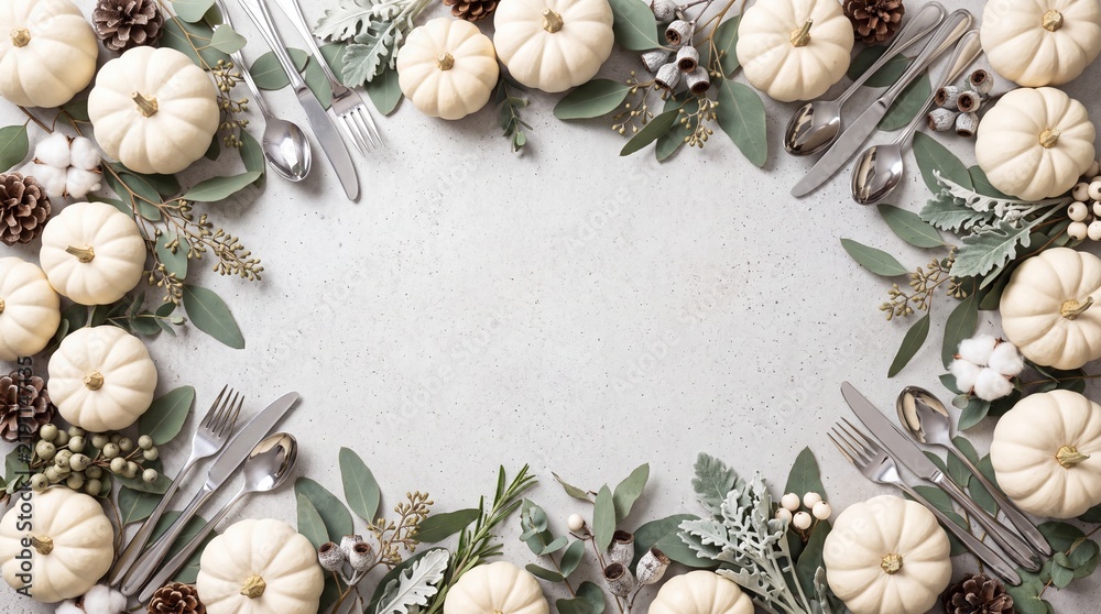 Obraz premium Elegant Thanksgiving Table Setting with White Pumpkins Eucalyptus and Silver Cutlery on Grey Stone Background