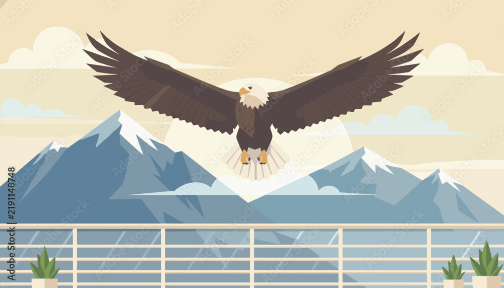 Fototapeta premium Majestic bald eagle soaring high with open wings above snowy mountain peaks under a soft sky viewed from a balcony.