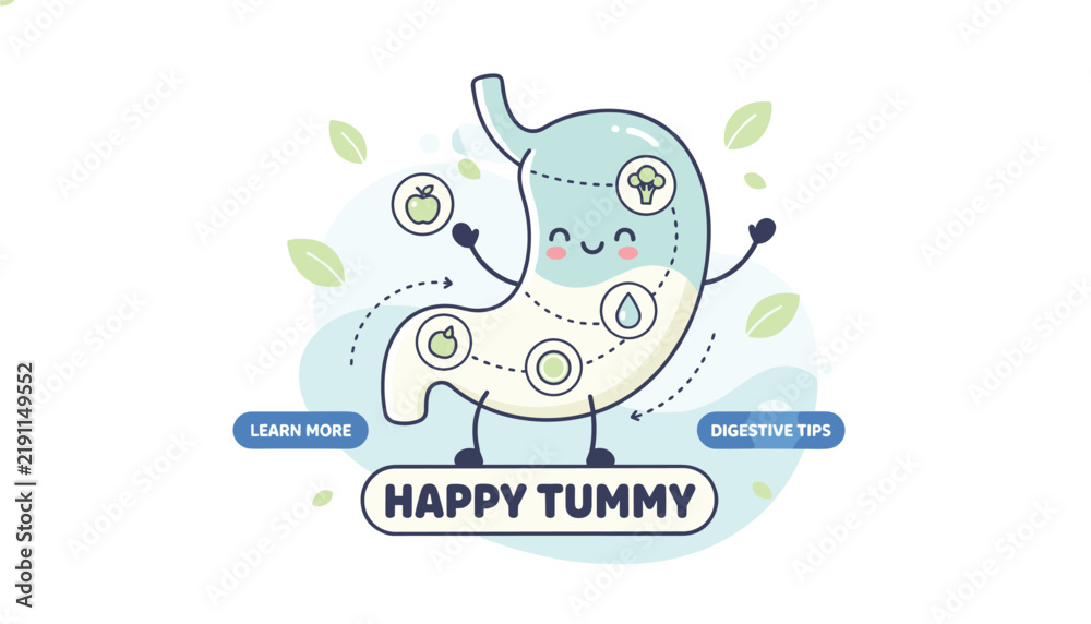 Fototapeta premium Happy Tummy cartoon vector concept featuring a smiling stomach character showing healthy digestion food items.