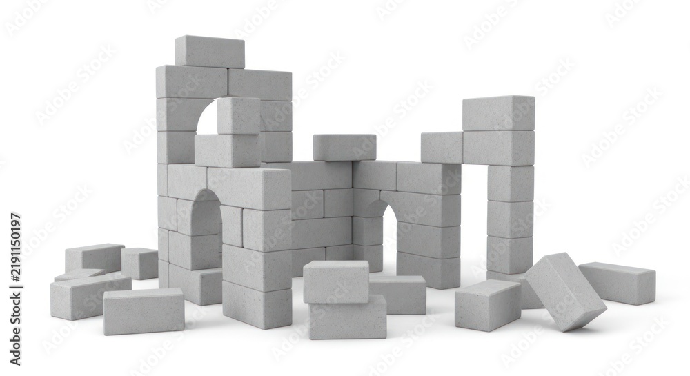 Obraz premium Grey Building Blocks Structure on White Background.