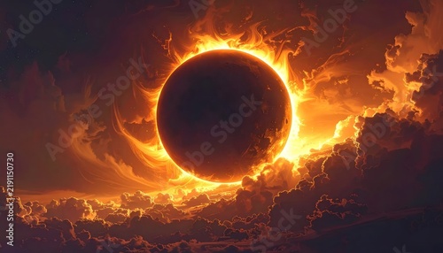 Total solar eclipse with dramatic fiery clouds.