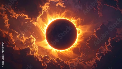 Total solar eclipse centered in dramatic glowing clouds.