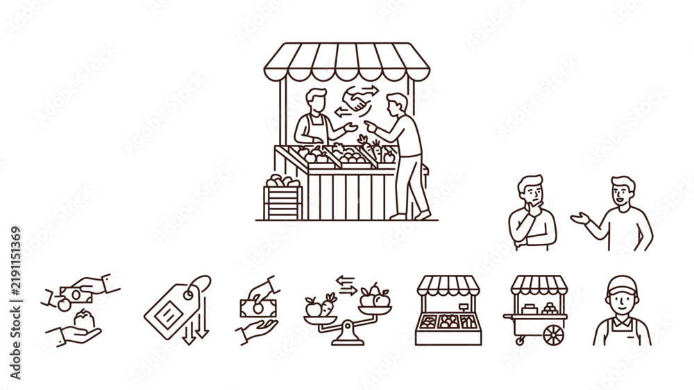 Obraz premium Local Farmers Market Scene with Transactions and Produce Icons - Vector Illustration