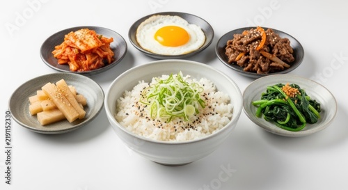 Plakat w ramie Korean Cuisine with Rice and Side Dishes.