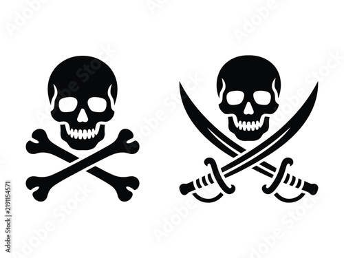 Konstfotografi Pirate jolly roger flag black silhouette symbols of human skull with crossbones and saber swords
