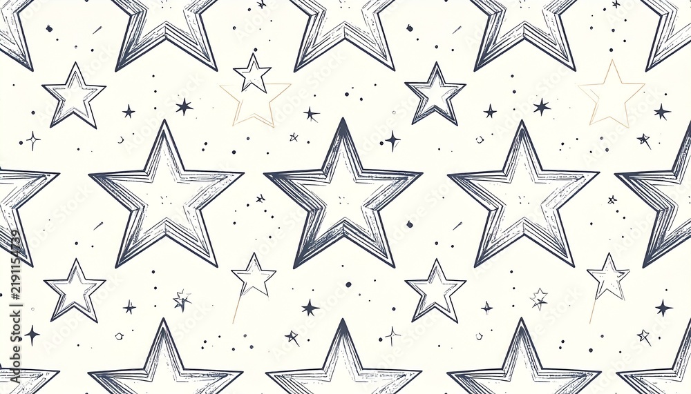 Obraz premium 手描き風の星柄シームレスパターン（白背景に紺色の線画）
