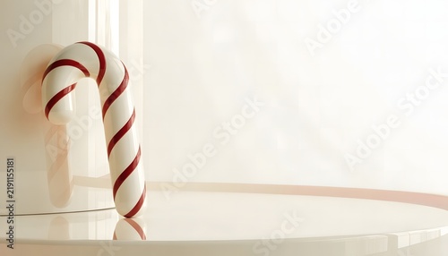 Glossy candy cane leaning on white wall with reflective studio floor background.