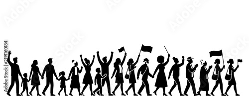 Crowd of people marching in demonstration with flags, silhouette of diverse men, women and children walking together