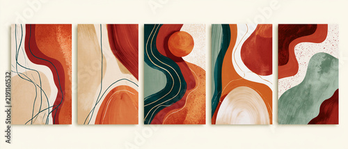 Five abstract minimalist wall art panels feature organic terracotta shapes and teal wavy lines. Ideal for modern home interior decoration posters.