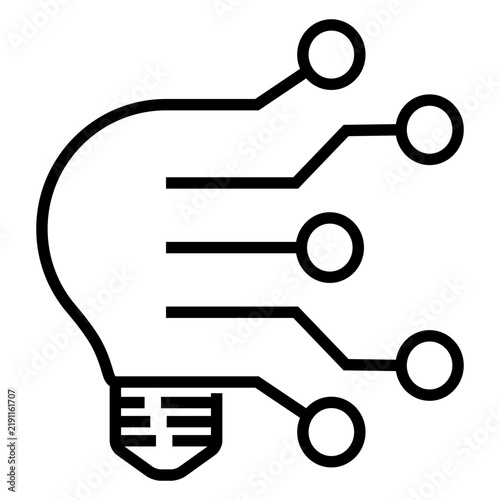 Logo tecnología electrónica. Icono con dibujo sencillo con líneas de una bombilla fusionada con un circuito digital