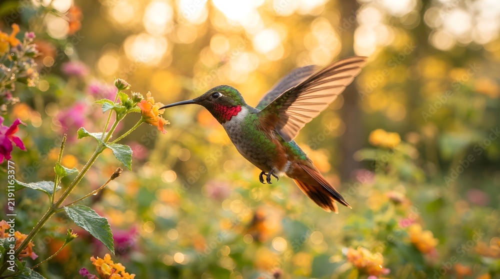 Obraz premium Ruby-throated hummingbird hovers gracefully in midair while feeding on bright nectar from colorful lantana flowers during a golden afternoon sunset