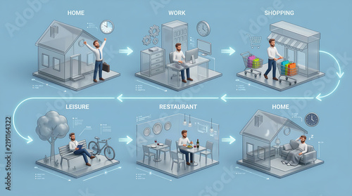 Isometric Infographic of Daily Routine and Time Management Schedule for Work Life Balance