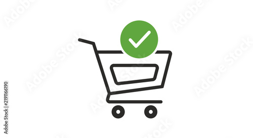 Shopping cart with a green checkmark indicating a successful purchase.