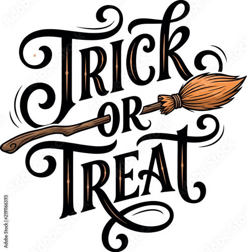 Trick or Treat Halloween Broom Typography T-Shirt Design