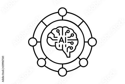 Artificial intelligence brain centered in circular data network node icon