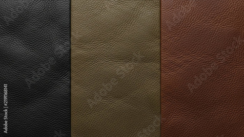 Three vertical panels of genuine leather textures in black, olive green, and rich brown showcasing their distinct grain and natural imperfections Keywords: leather texture, genuine leather