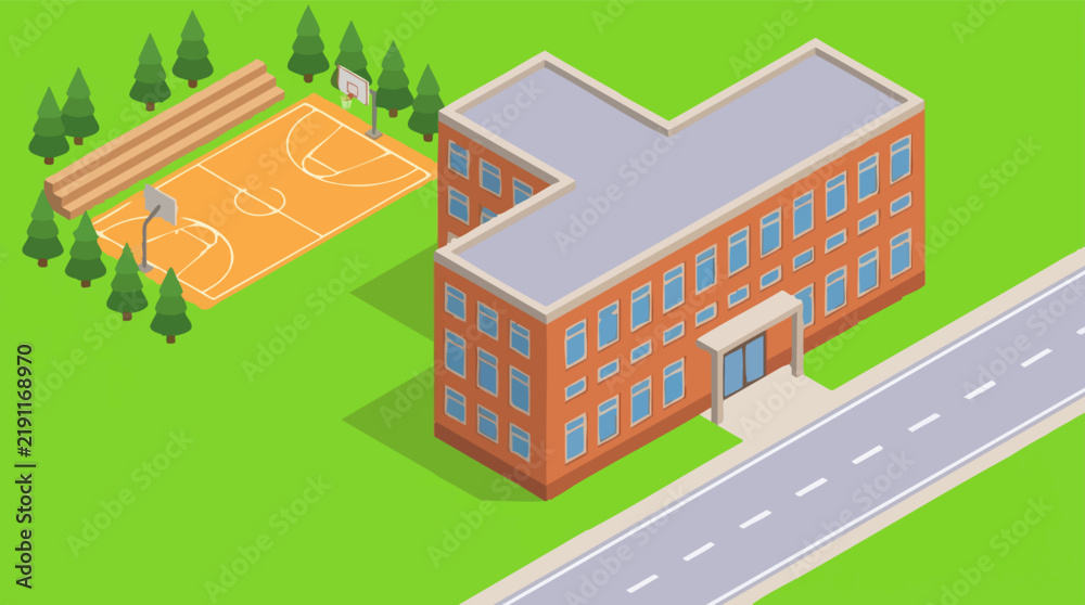 Fototapeta premium Isometric illustration of school building with basketball court and road