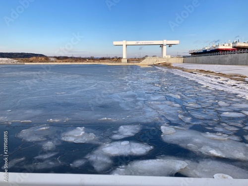 Frozen Otsu Fishing Port in Hokkaido, Japan