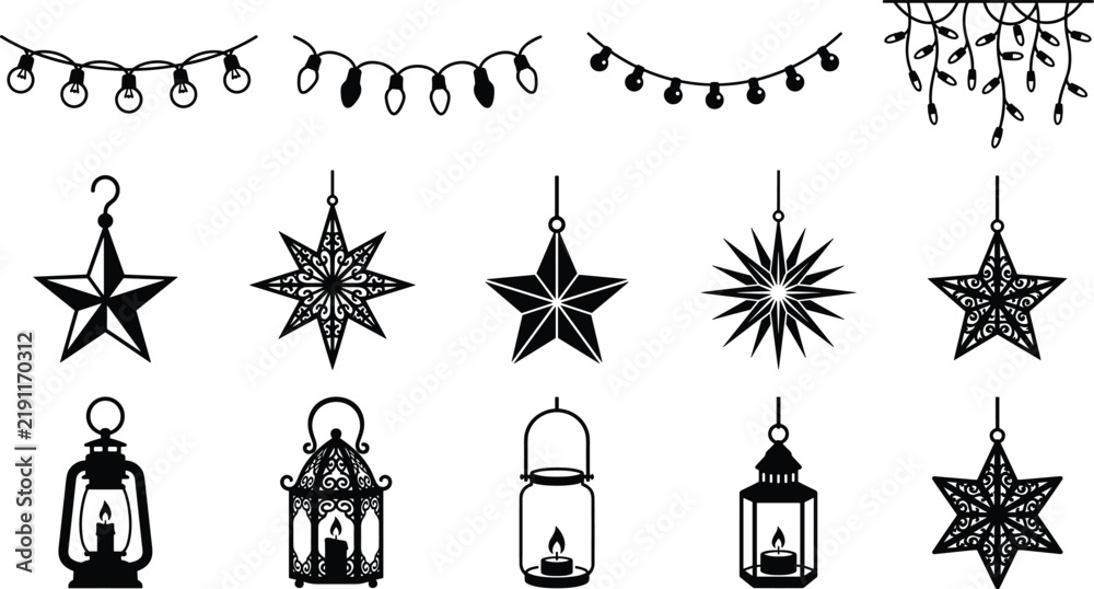 Fototapeta premium Christmas lights string, hanging stars, and decorative candle lanterns silhouette vector collection for holiday design