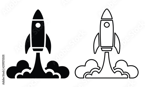 Minimalist rocket ship launch icons in solid and outline styles depicting high energy growth and startup business success.