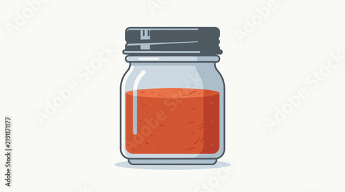 Glass jar with orange liquid and dark lid isolated on white background