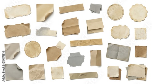 Vintage paper scraps collection isolated on white background, aged old ripped paper fragments and labels