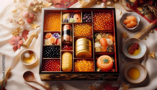 A festive flat lay of a traditional Japanese Osechi-ryori New Years box, with compartments filled with colorful, symbolic dishes, Ai generated image