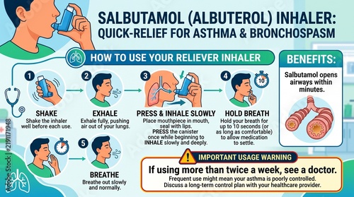 Instructional infographic showing steps to use a salbutamol asthma inhaler