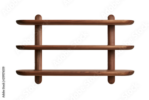 Wooden wall shelf with three horizontal tiers isolated on white background with clipping path for interior storage and display