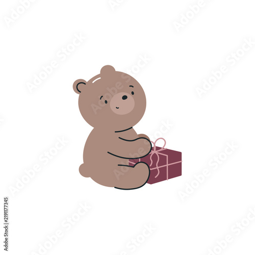 Сute teddy bear with gift. Isolated on white background. For card, posters, stickers, banners, printing on the pack, printing on clothes, fabric, wallpaper.