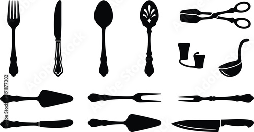 Set of kitchen cutlery and serving utensils silhouettes including fork knife spoon ladle and cake server for restaurant design