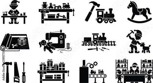 Set of Christmas workshop icons featuring Santa Claus, elves, toy making, gift wrapping, and festive manufacturing production line elements