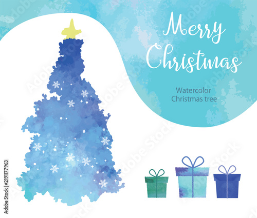 Fototapeta 水彩で描いたクリスマスツリーとプレゼントの華やかな背景