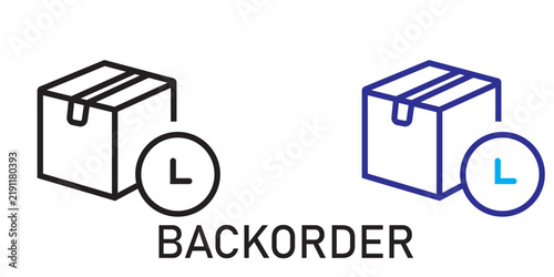Backorder icon featuring a cardboard box with a clock symbol indicating a delayed shipment supply chain shipping delay