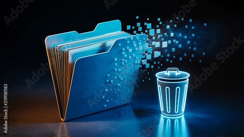 Digital folder dissolving into pixels above a trash bin representing file deletion and data management