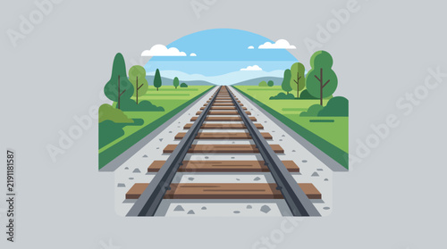 Endless railroad track stretching towards horizon under a sunny sky