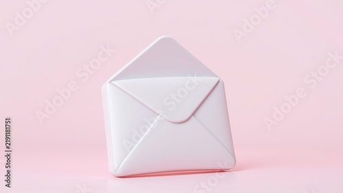 Pale pink envelope stands out against softer background. Minimalist design, smooth surfaces, simple form. Communication concept.
