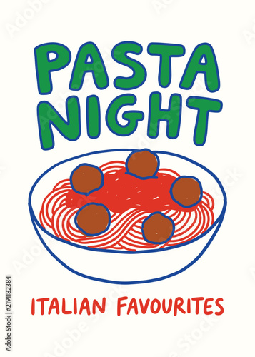 Spaghetti and meatballs hand drawn illustration for Italian dinner event promotion