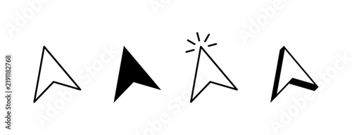 Cursor mouse click icon set featuring click arrow icons and computer mouse cursor symbols for web and application interface design.
