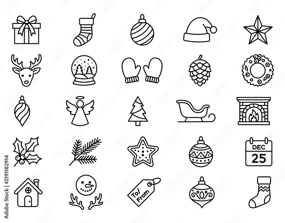 Fototapeta premium Collection of twenty-five festive Christmas line art icons for winter holiday seasonal creative design work
