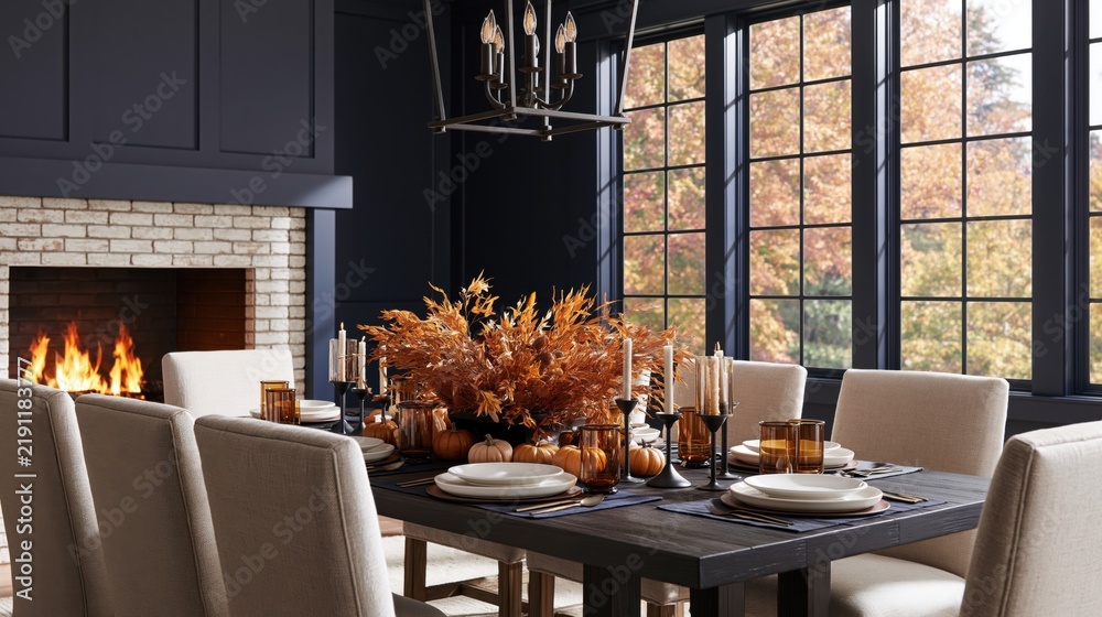 Obraz premium The Dining Table in a Cozy Autumn Dining Room with Fireplace and Large Windows