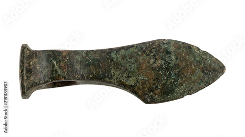 Ancient bronze axe head with green patina, prehistoric copper alloy tool, archaeological artifact from the Bronze Age period isolated PNG with Transparent Background