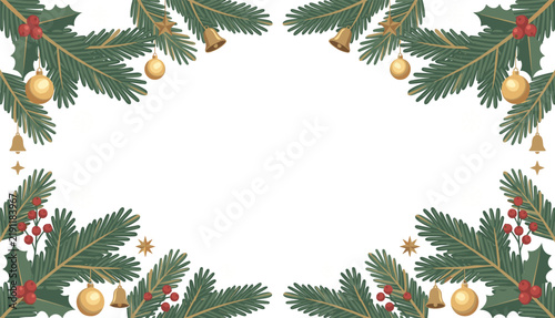 Elegant Christmas vector frame featuring lush pine branches, holly leaves, red winter berries, gold baubles, jingle bells, and blank text copy space