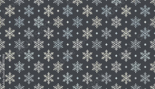Seamless snowflake pattern vector background featuring elegant white and grey winter crystal shapes on a dark charcoal grey backdrop