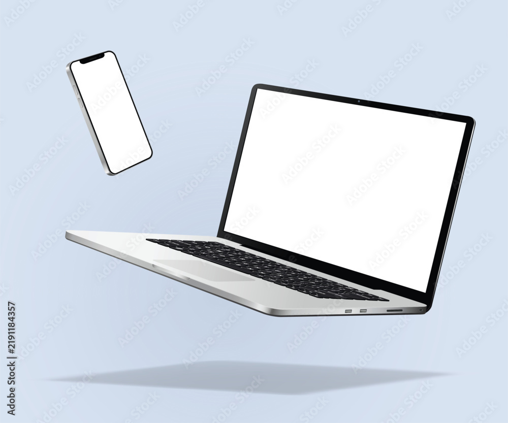 Obraz premium A mockup of black screen levitation laptop and smartphone