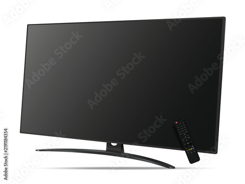 Modern smart television screen with remote control levitation in air
